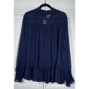 Lost Ink Navy Blue Ruffled Mock Neck Sheer Smock Top Size‎ 2X